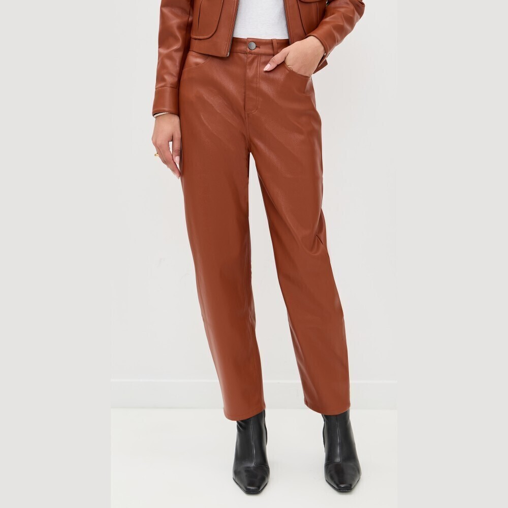 Brown Faux Leather Barrel-Leg Pants - Picture 2 of 6